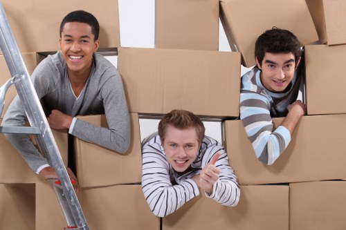 Packed office furniture and equipment ready for relocation